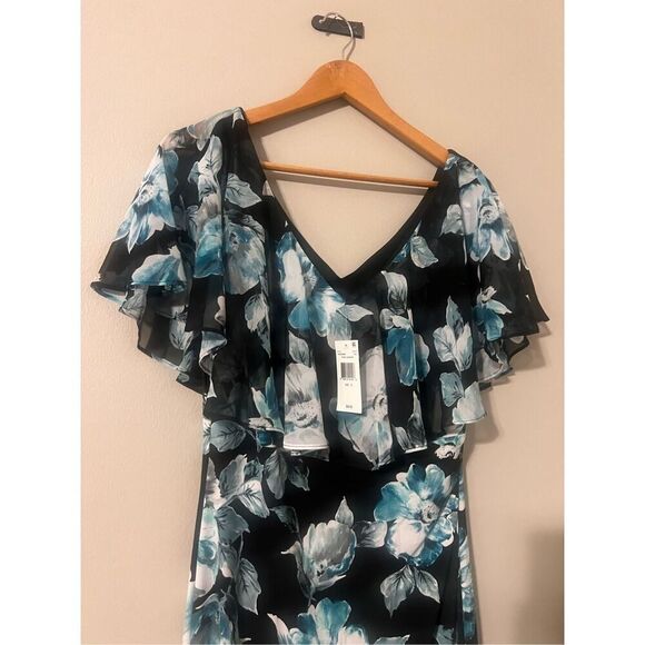 Connected Apparel 12 Ruffle Chest Floral Midi Dress Black Blue Wedding Guest NWT - Picture 6 of 15